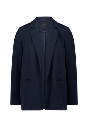 Marineblauwe blazer van gladde stof, met een getande reverskraag, twee zakken aan de voorkant en een open voorkant ontwerp.