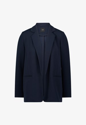 Navy blue blazer made of smooth fabric, featuring a notched lapel, two front pockets, and an open front design.