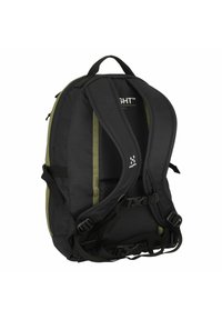 Zaino nero caratterizzato da spallacci imbottiti, dettagli verdi, fibbie regolabili e una superficie liscia. Progettato per comfort e utilità.