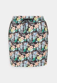 Gonna floreale con sfondo nero, dotata di vita con cordoncino, fiori multicolori e foglie in varie tonalità e motivi.