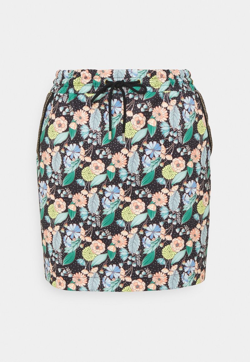 Floral skirt with a black background, featuring a drawstring waist, multicolored flowers, and leaves in various shades and patterns.