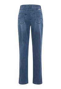 Blå straight-leg denimjeans med to baglommer og en lille logopatch på linningen, vist bagfra.