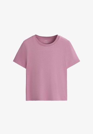 Kortemouw effen mauve katoenen T-shirt met ronde hals en een relaxte pasvorm, weergegeven tegen een witte achtergrond.