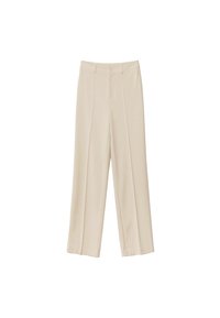 Pantalons larges beiges en tissu lisse et respirant, dotés d'une fermeture éclair à l'avant, d'un bouton de fermeture et de deux poches avant.