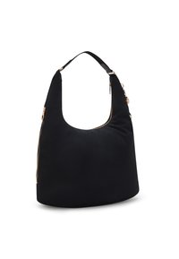 Borsa hobo nera realizzata in tessuto morbido con una forma curva e oversize. Presenta dettagli in metallo dorato sulla zip e una tracolla singola regolabile.