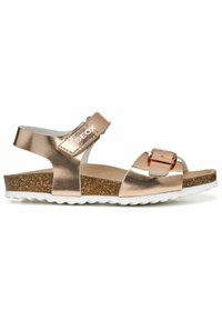 Bronzen metalen sandalen met een kurken voetbed, verstelbare bovenbanden en een witte rubberen zool met een zigzagpatroon.