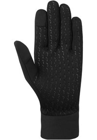 Black gloves with a textured grip, featuring a snug fit and elastic cuff. Material is stretchy with a smooth finish. Four finger design.