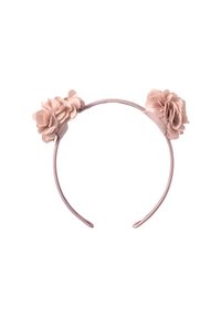 Fascia rosa rivestita di tessuto con due decorazioni a fiore cluster opposte l'una all'altra sulla parte superiore.