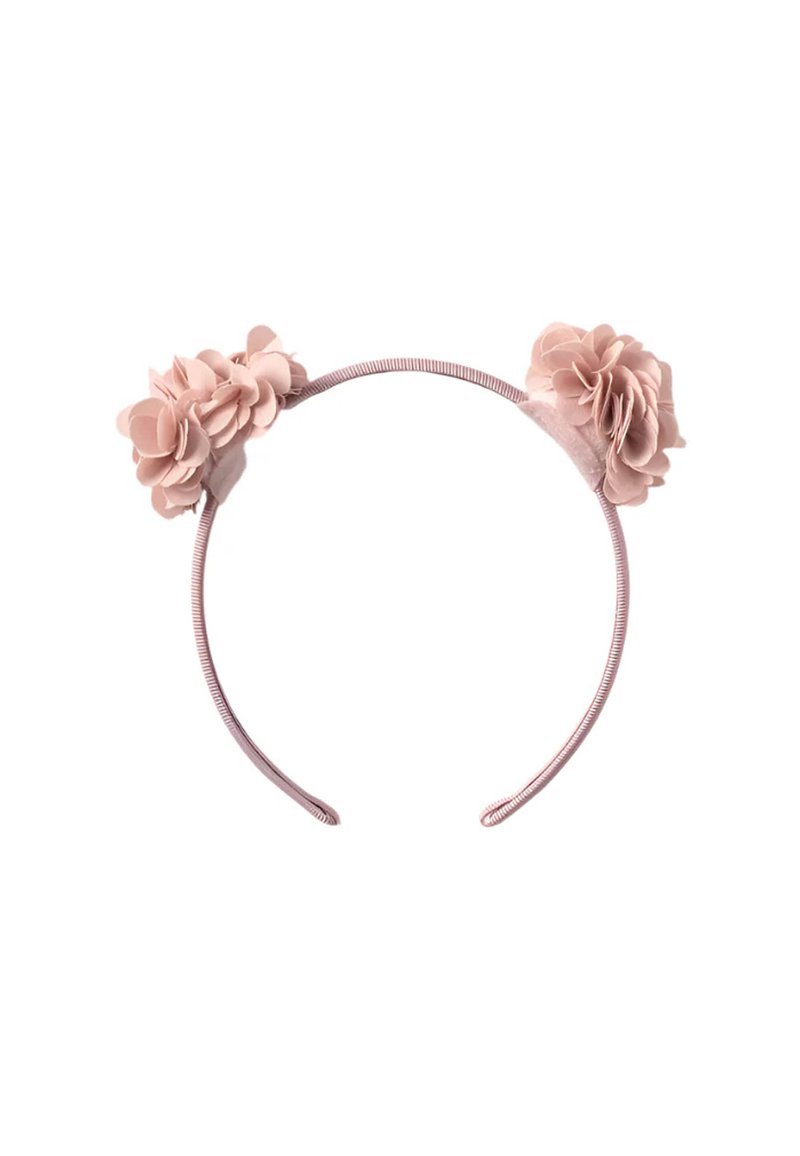 Fascia rosa rivestita di tessuto con due decorazioni a fiore cluster opposte l'una all'altra sulla parte superiore.