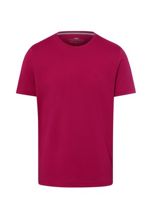 Einfarbiges dunkelrosa Kurzarm-Baumwoll-T-Shirt mit Rundhalsausschnitt und kleinem besticktem Logo auf der linken Brust.