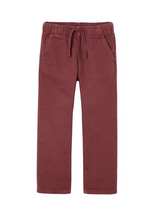 Burgunderfarbene Stretch-Jogginghosen mit elastischem Bund, Kordelzug und Seitentaschen. Glattes Baumwollmaterial mit normaler Passform.