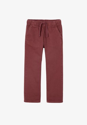 Burgunderfarbene Stretch-Jogginghosen mit elastischem Bund, Kordelzug und Seitentaschen. Glattes Baumwollmaterial mit normaler Passform.