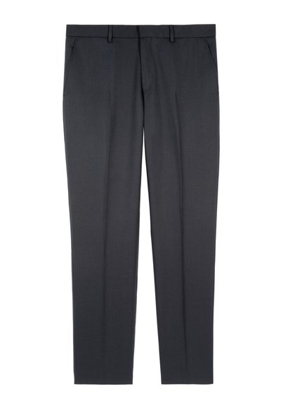 Donkergrijze op maat gemaakte broek van gladde stof, met een vlakke voorkant, zijzakken en een rechte pijp. Geen zichtbare patronen of accenten.