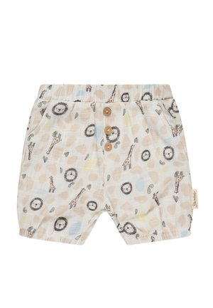 Leichte, atmungsaktive Stoffshorts mit einem verspielten Tiermuster aus Löwen und Giraffen, elastischem Bund und drei Holzknöpfen.