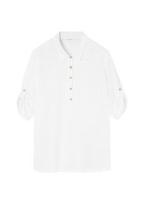 Biała koszulka polo z kołnierzykiem, krótkimi rękawami podwiniętymi, oraz pięcioma drewnianymi guzikami z przodu. Wykonana z lekkiego materiału.
