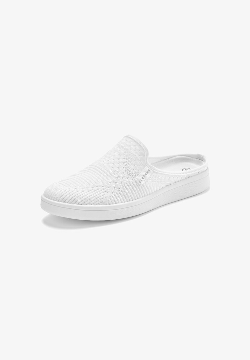 White slip-on shoe with textured fabric upper, featuring a geometric pattern and a lightweight, flexible sole. No visible hardware or accents.