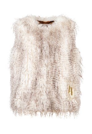 Weste aus Kunstfell in Creme- und Beigetönen, mit einem struppigen Textur, ärmellosem Design und einem dekorativen goldenen Etikett mit der Nummer "41."