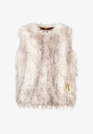 Faux fur vest in cream and beige tones, featuring shaggy texture, sleeveless design, and a decorative gold label with the number "41."