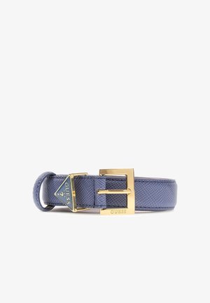Purple textured synthetic leather belt with a gold-tone rectangular buckle and a triangular hardware accent featuring the "GUESS" logo.
