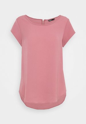 Pinkes kurzärmeliges Oberteil mit rundem Ausschnitt und Reißverschluss am Rücken, mit leicht abgerundetem Saum.