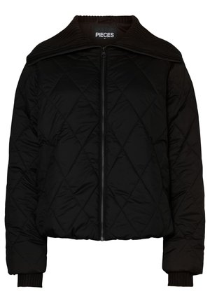 Schwarze gesteppte Bomberjacke mit geripptem Kragen und Bündchen, ausgestattet mit einem Reißverschluss. Leichter Stoff mit einem Rautenmuster. Größe M.