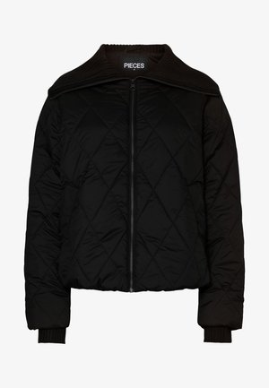 Schwarze gesteppte Bomberjacke mit geripptem Kragen und Bündchen, ausgestattet mit einem Reißverschluss. Leichter Stoff mit einem Rautenmuster. Größe M.