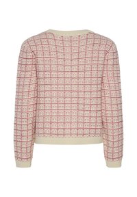 Sweatshirt tricoté en crème avec un motif à carreaux roses, doté d'un col rond et de bords-côtes aux poignets et à l'ourlet. Tissu texturé.