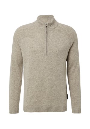 Maglione in maglia di un beige chiaro con colletto a coste, zip parziale frontale, maniche lunghe a raglan e polsini e orlo a coste.