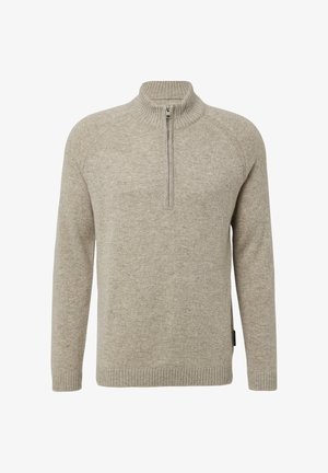 Suéter de punto en color beige claro con cuello alto acanalado, media cremallera al frente, mangas largas tipo raglán, y puños y dobladillo acanalados.