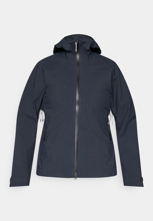 Marineblaue, wasserdichte Herrenjacke mit durchgehendem Reißverschluss, verstellbarer Kapuze, zwei Seitentaschen und elastischen Bündchen. Glatte, matte Textur.
