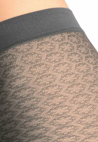 Durchsichtige schwarze Strumpfhosen mit einem strukturierten geometrischen Muster und einem weichen, elastischen grauen Bund. Das Material wirkt leicht und dehnbar.