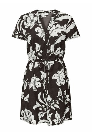 Kort sort kjole med stort hvidt blomsterprint, korte ærmer, knappet V-hals og snøre i taljen.