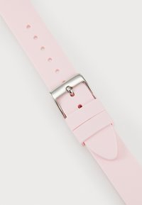 Pink silicone watch strap with a silver metal buckle, featuring multiple adjustment holes and a smooth, matte texture.