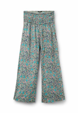 Pantalones de pierna ancha con un estampado floral en tonos de azul, rosa y verde azulado. Están fabricados con un tejido ligero y cuentan con una cintura fruncida para mayor elasticidad.
