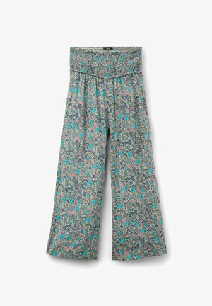 Spodnie z szerokimi nogawkami w kwiatowy wzór, w odcieniach turkusowym, różowym i niebieskim. Wykonane z lekkiego materiału z gumką w talii, zapewniającą elastyczność.