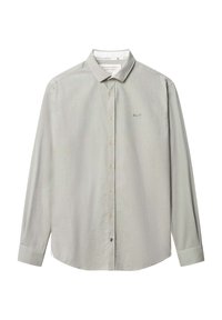 Hellegraues Langarmhemd mit Button-down-Kragen, ausgestattet mit einer dezenten Textur, Knopfverschluss und gesticktem Logo auf der Brust.