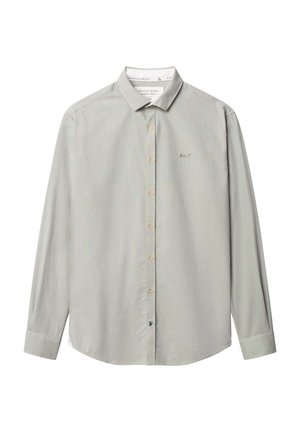 Hellegraues Langarmhemd mit Button-down-Kragen, ausgestattet mit einer dezenten Textur, Knopfverschluss und gesticktem Logo auf der Brust.