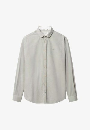 Hellegraues Langarmhemd mit Button-down-Kragen, ausgestattet mit einer dezenten Textur, Knopfverschluss und gesticktem Logo auf der Brust.