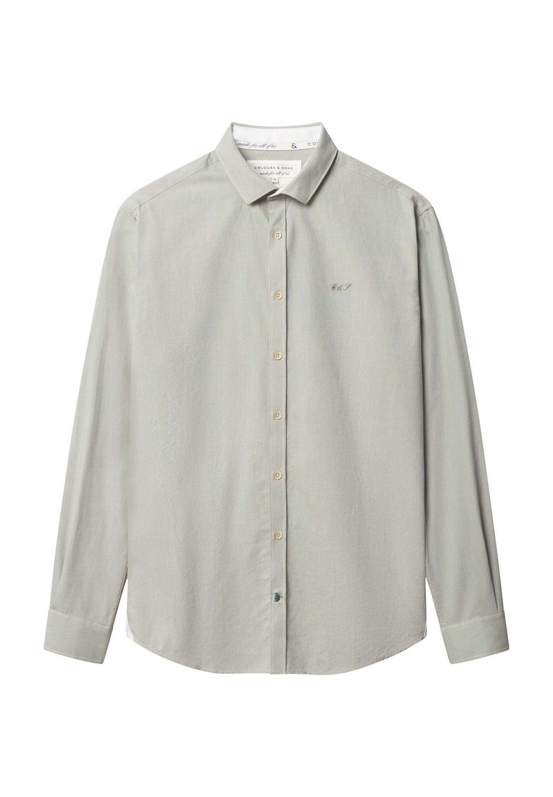 Hellegraues Langarmhemd mit Button-down-Kragen, ausgestattet mit einer dezenten Textur, Knopfverschluss und gesticktem Logo auf der Brust.
