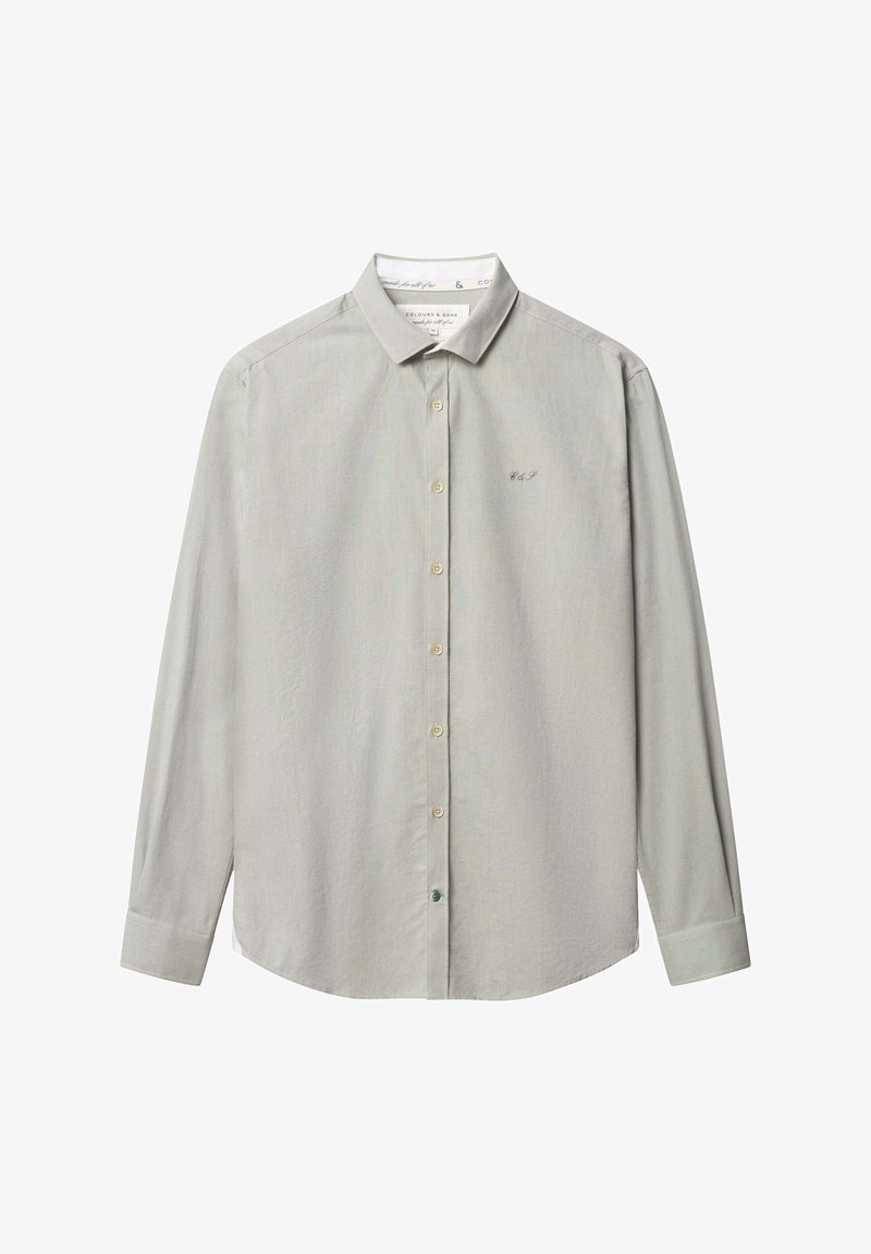 Hellegraues Langarmhemd mit Button-down-Kragen, ausgestattet mit einer dezenten Textur, Knopfverschluss und gesticktem Logo auf der Brust.