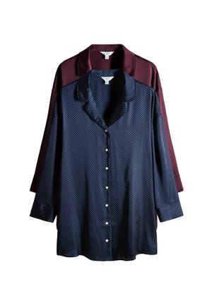 Navy blue polka dot button-up shirt with long sleeves, layered behind a burgundy satin shirt, both featuring a classic collar design.