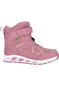 Stivale atletico rosa con tomaia in pelle sintetica e mesh, caratterizzato da una fascia in velcro, lacci regolabili e una suola ammortizzata con accenti luminosi.