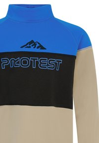 Športový top po krk s farebnými blokmi v modrej, čiernej a béžovej farbe. Čierne logo a horská grafika na hrudi. Hladká, elastická látka.