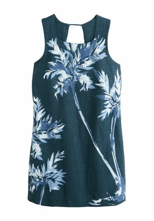 Ærmeløs top i mørk tealstof med hvide palme træ designs. Bagsiden har en nøglehulsåbning; materialet er let og åndbart.