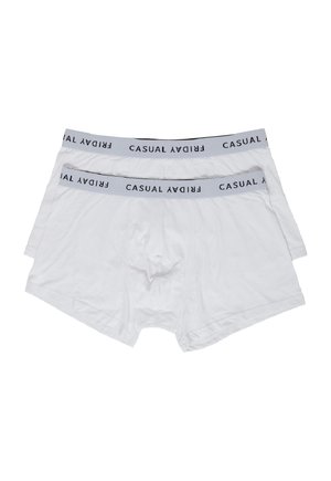 White cotton boxers featuring a grey elastic waistband with the text "CASUAL FRIDAY" in black. Two pairs stacked on top of each other.