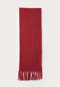 Écharpe en laine rouge avec une texture douce, des bords frangés et une forme rectangulaire, mesurant environ 180 cm sur 30 cm.