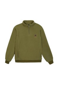 Olijfgroen fleece pullover met een ritskraag, ribbelmanchetten en een subtiele logo-detail. Zachte textuur en een ontspannen pasvorm.