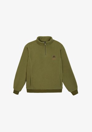 Olijfgroen fleece pullover met een ritskraag, ribbelmanchetten en een subtiele logo-detail. Zachte textuur en een ontspannen pasvorm.
