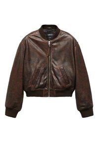 Hnědá kožená bomber bunda se zipem, žebrovanými manžetami a spodním lemem a dvěma předními kapsami. Hladký povrch s mírně opotřebovaným vzhledem.