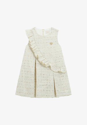 Weißes, strukturiertes Kleid mit einer rüschigen linken Schulter, Falten, einer herzförmigen Verzierung und einem Reißverschluss auf der Rückseite.